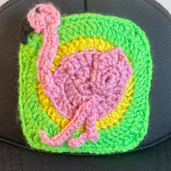 Trucker Hat w/ Crochet Flamingo Granny Square Style Adjustable Handmade Black - Picture 2 of 7